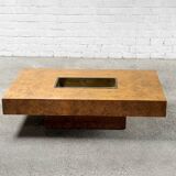 Table basse en bois de loupe avec bar en laiton par Jean Charles pour Maison Charles, 1970
