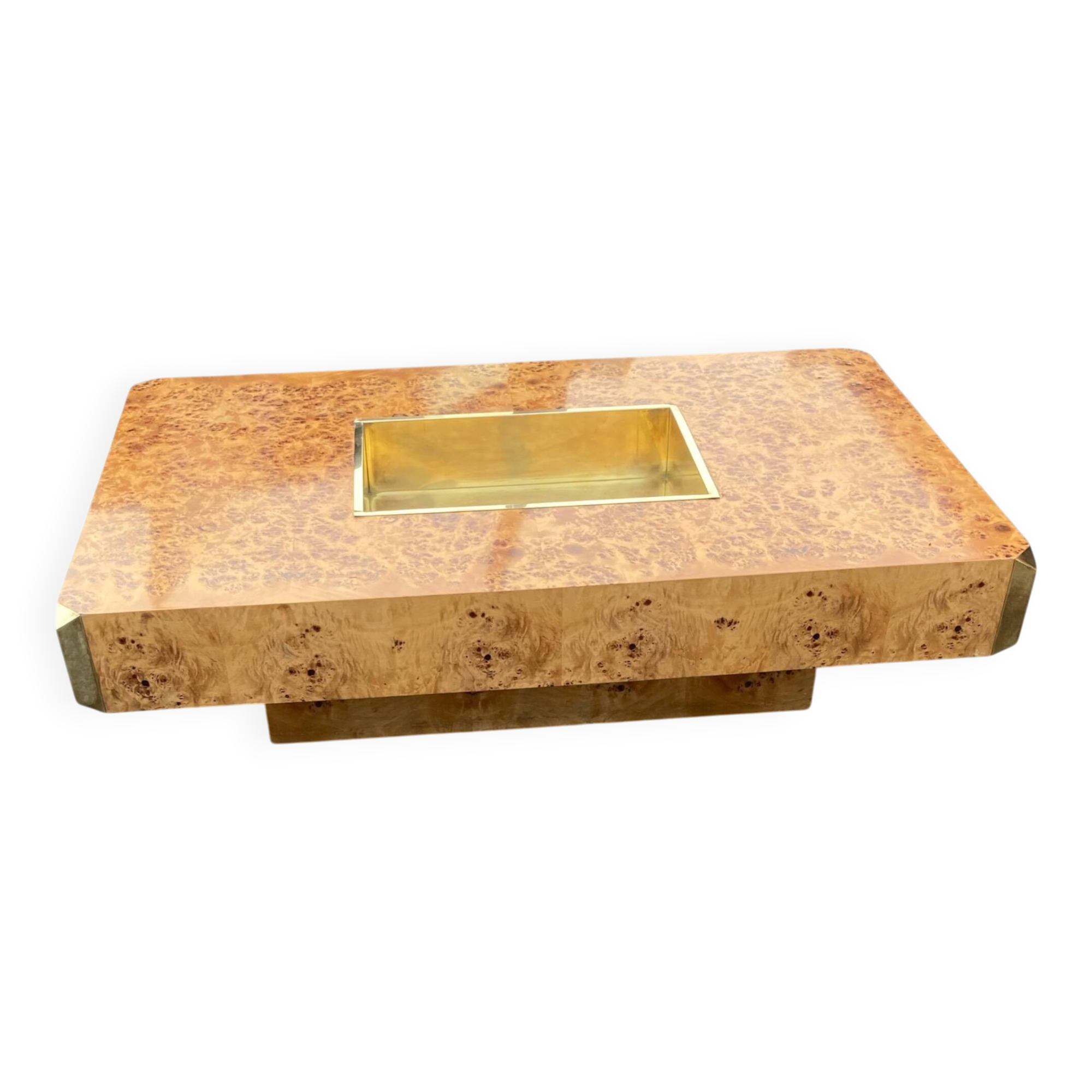 "Alveo" coffee table in wood burl and brass, Willy Rizzo – 1970