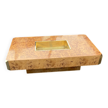 Table basse « Alveo » en loupe de bois et laiton, Willy Rizzo – 1970