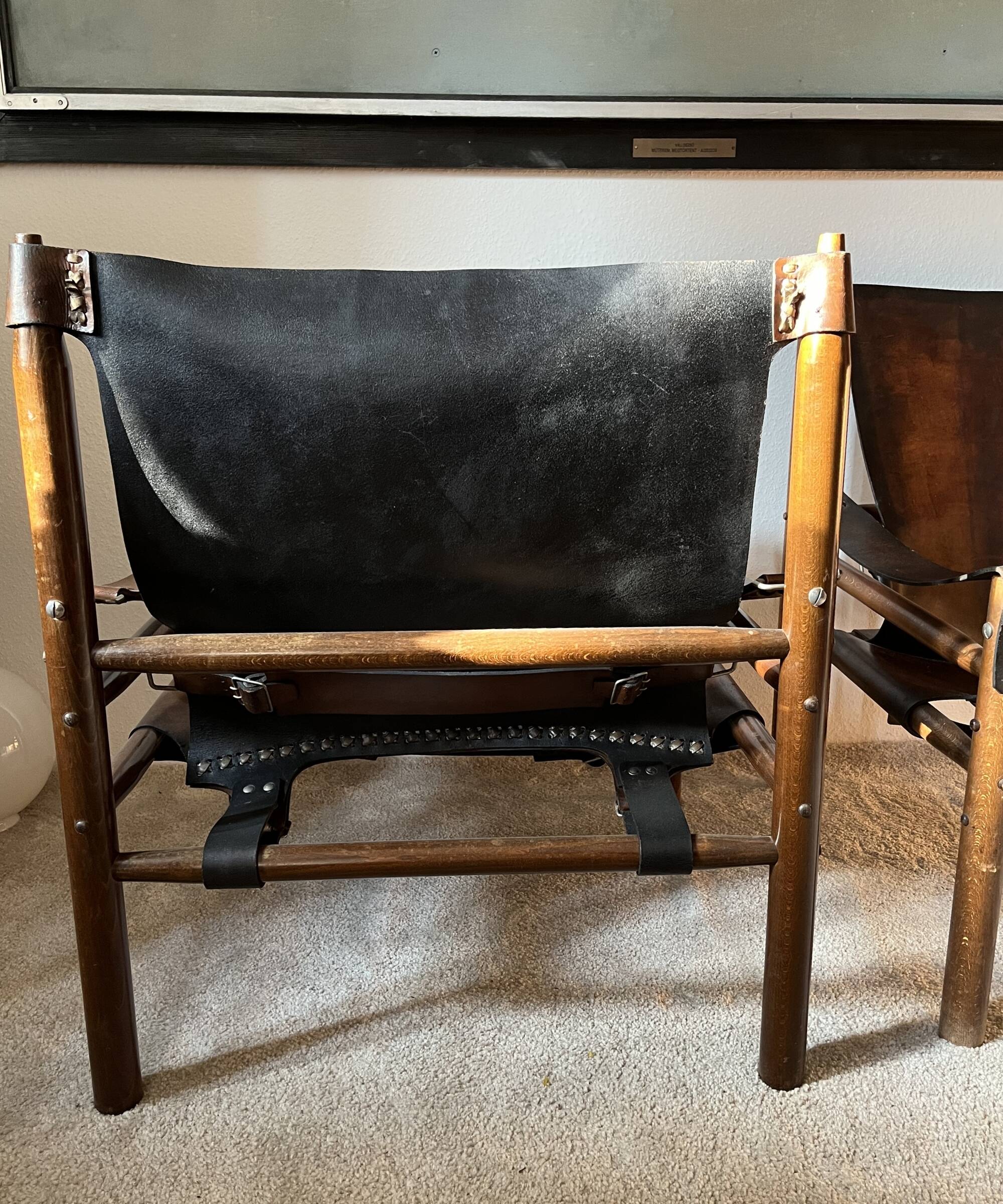 Buffalo Leather Safari Armchair in Pair, Solid Oak Frame, Vintage Style, 19