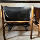 Buffalo Leather Safari Armchair in Pair, Solid Oak Frame, Vintage Style, 19