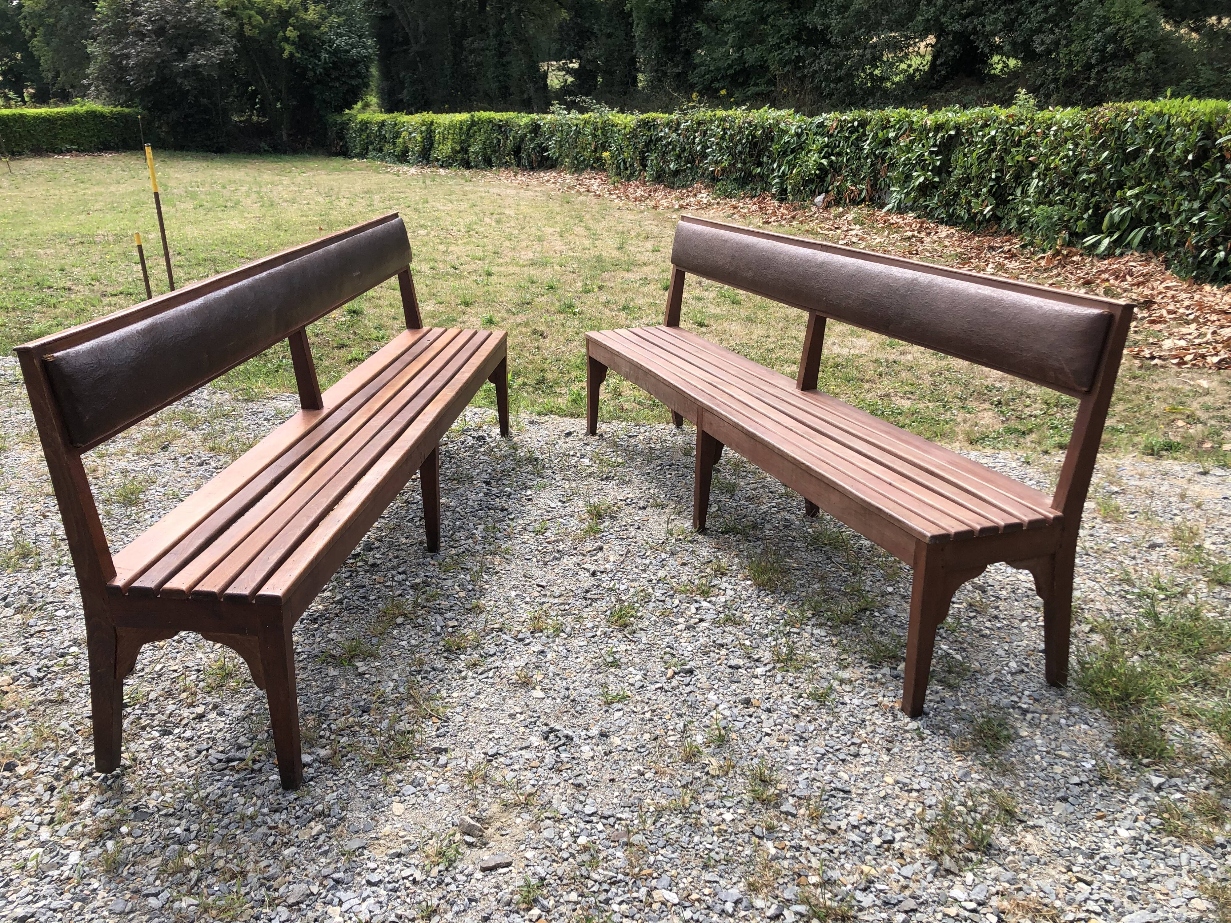 Duo of vintage church benches in solid beech