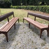Duo of vintage church benches in solid beech