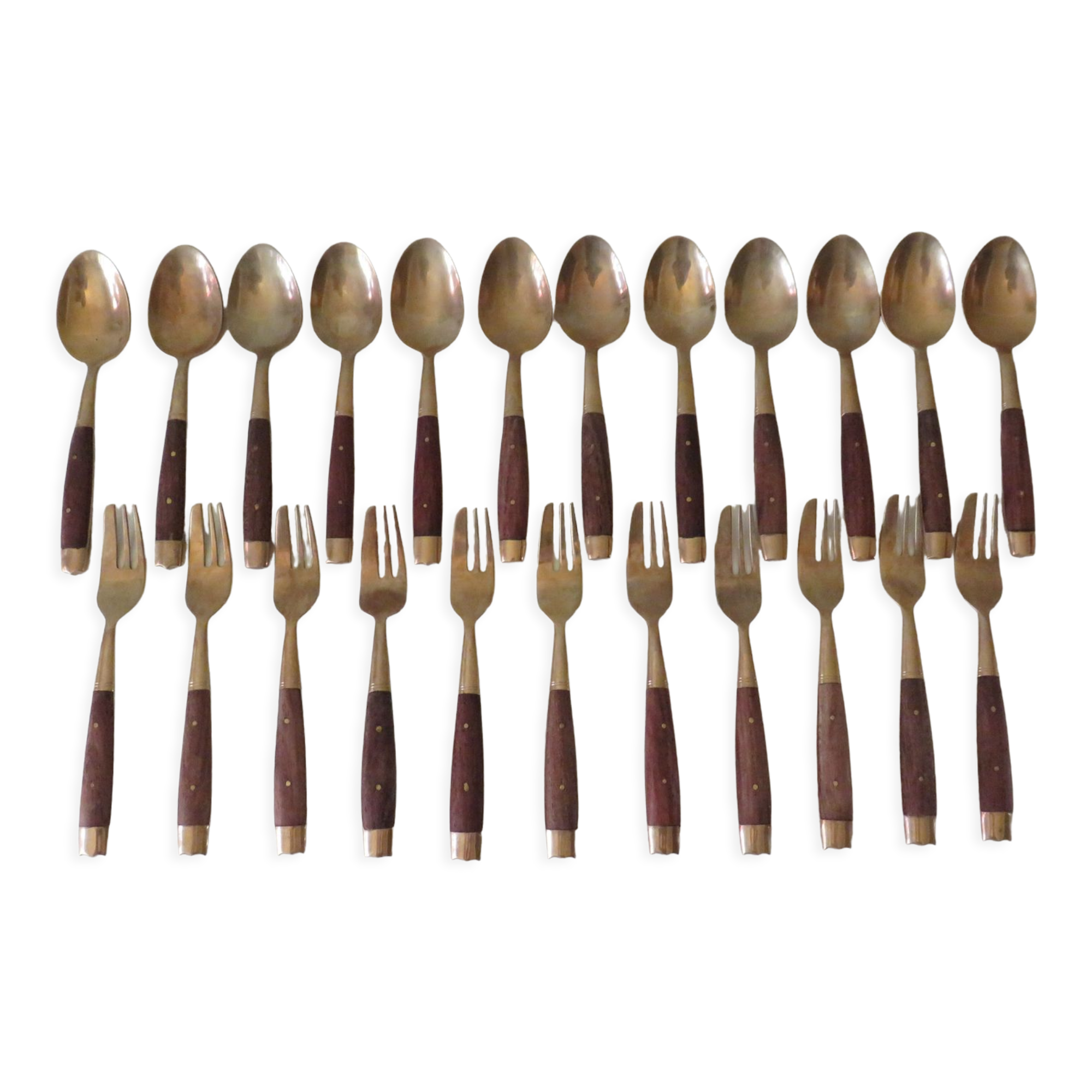 Vintage teak and brass housewife, dessert spoons and forks