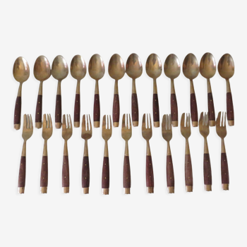 Vintage teak and brass housewife, dessert spoons and forks