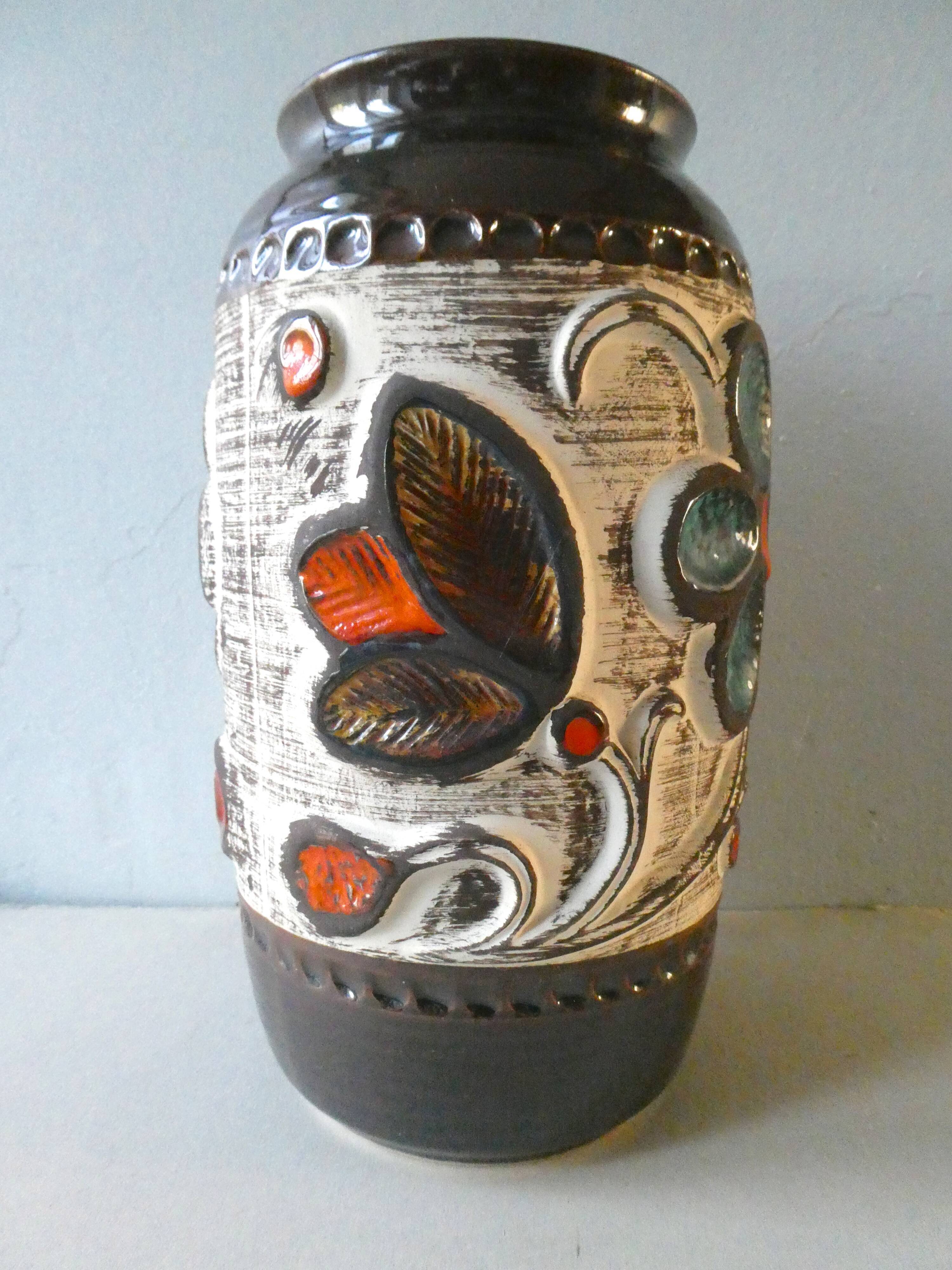 Ceramic vase decorated with flowers Bay West Germany 1970s