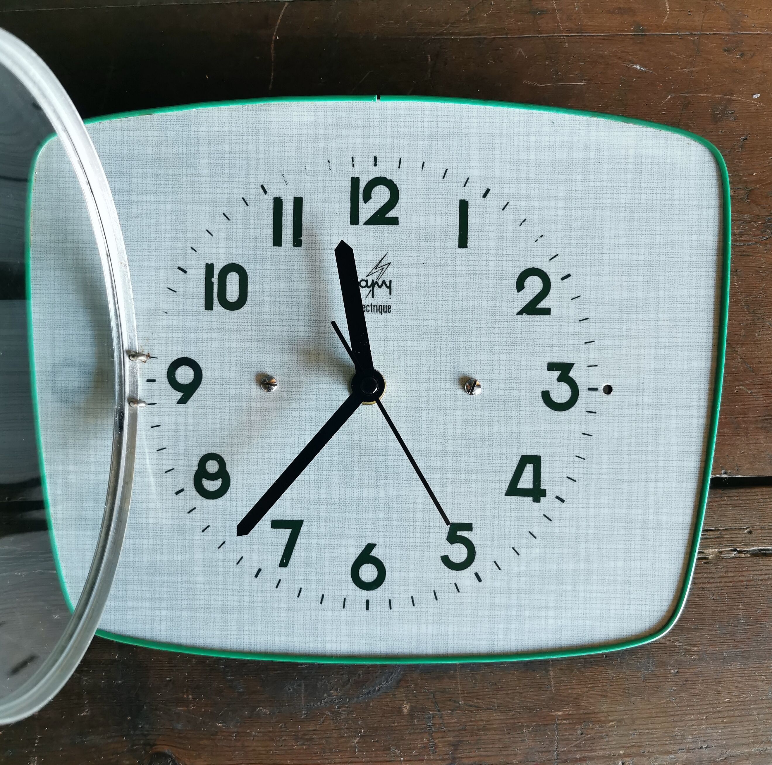 Vintage formica clock silent trapezoid wall clock "Green Japy"