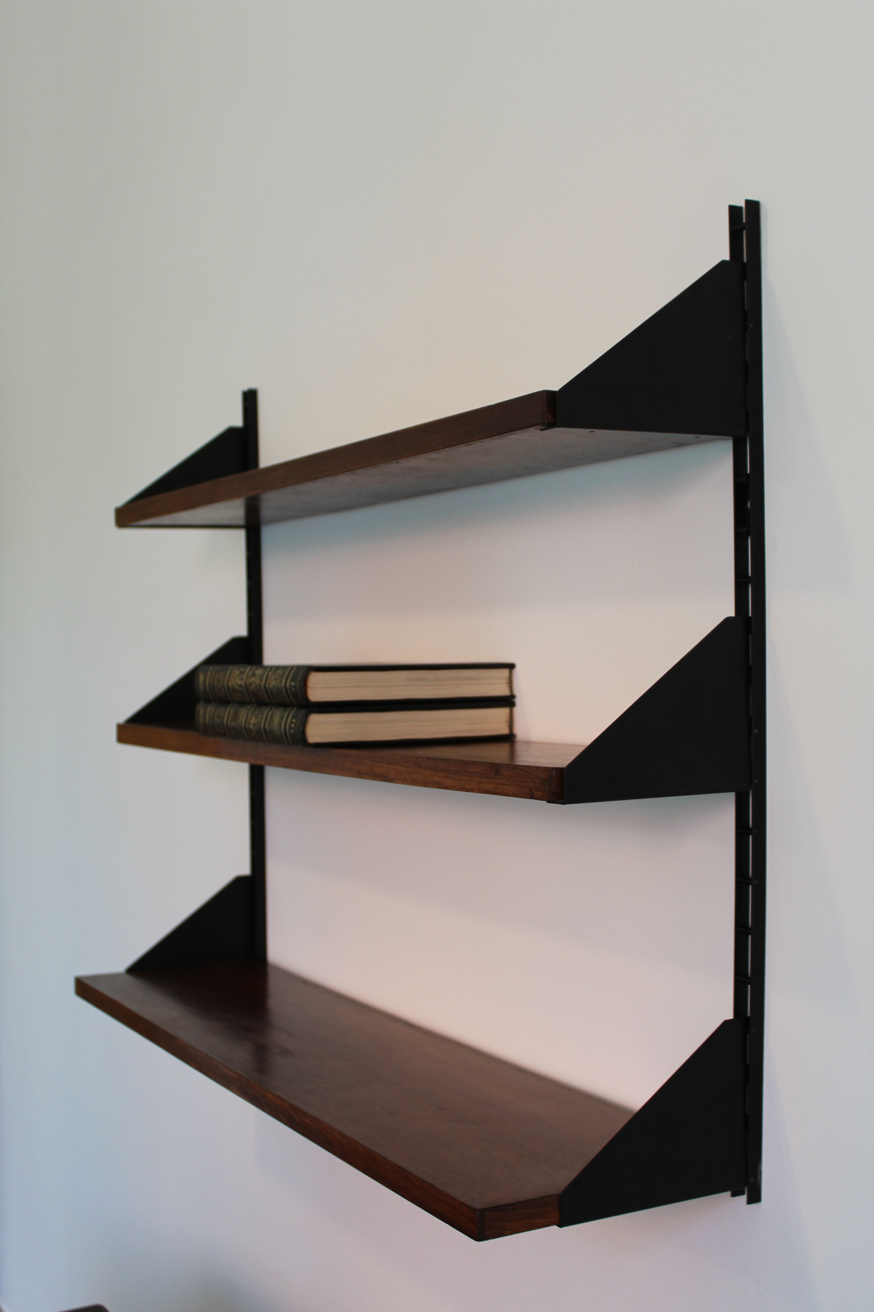 Shelves in rosewood and black lacquered metal from the 50s