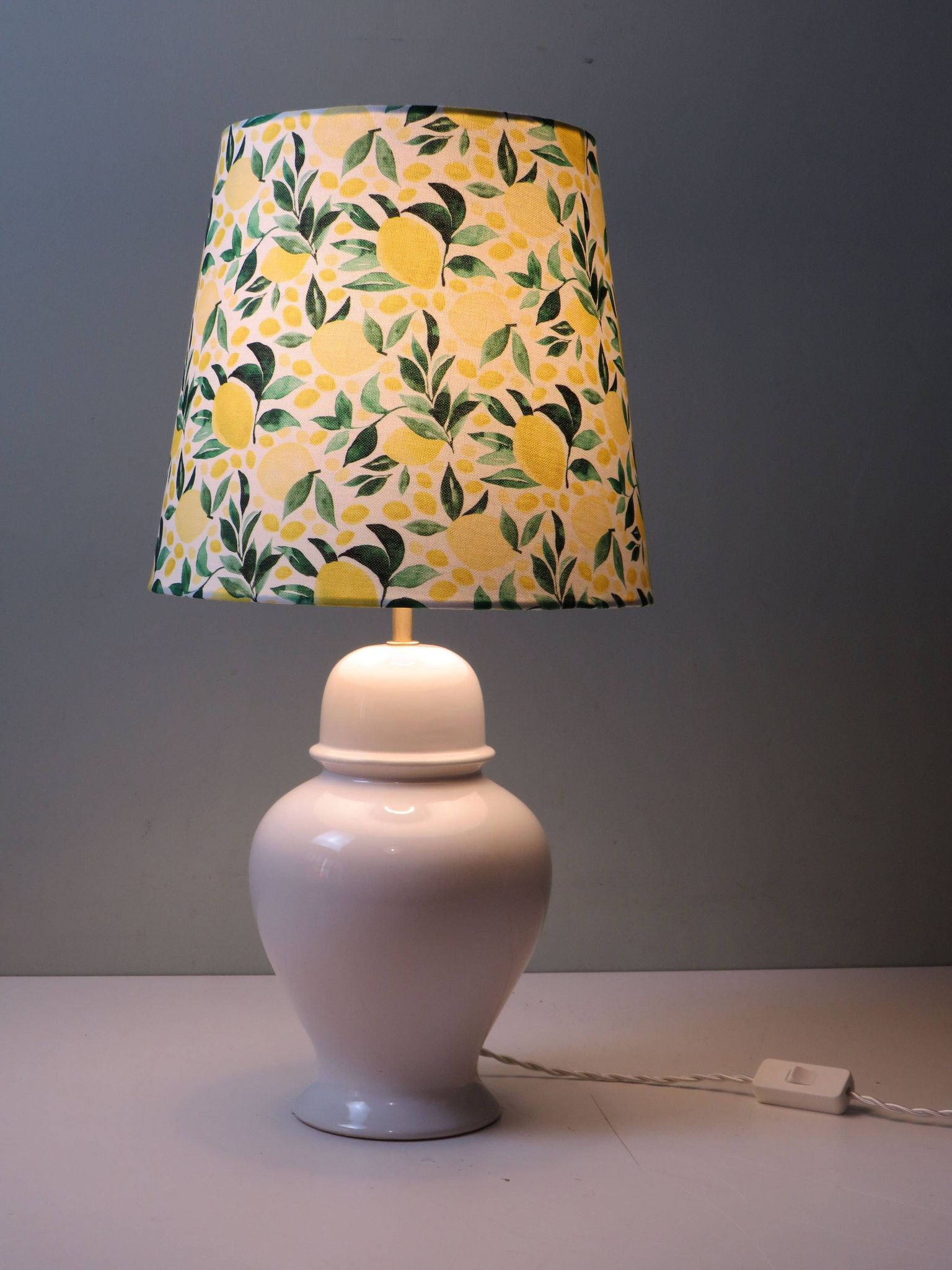 Vintage white ceramic lamp with custom lemon shade.