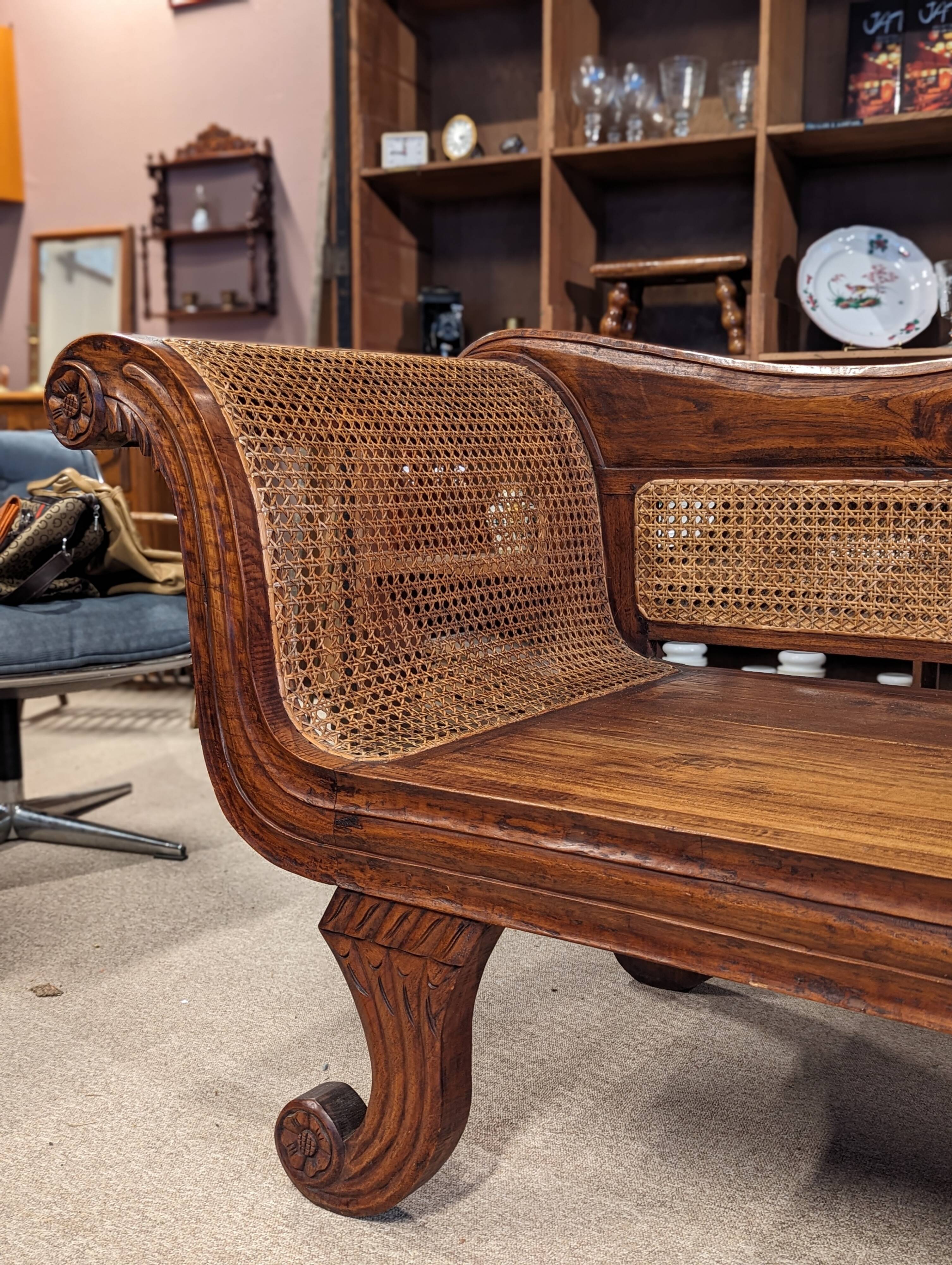 Large colonial caned bench
