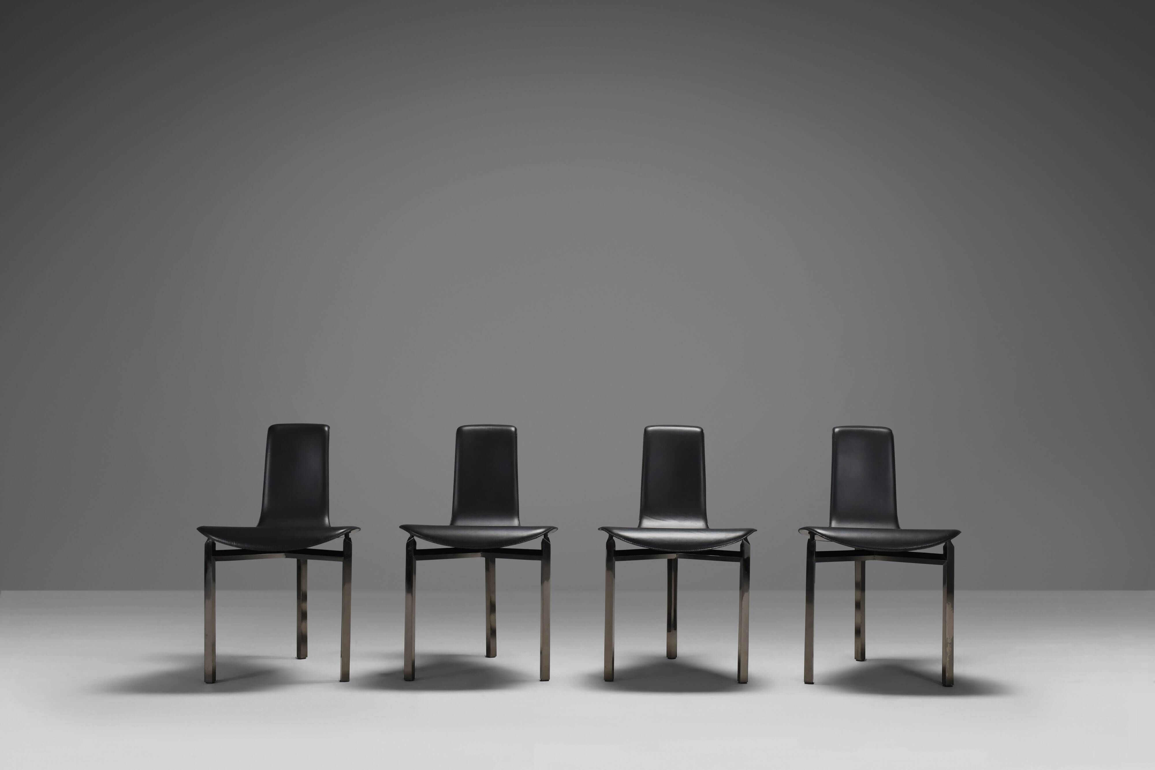 Leather Three-Legged Chairs with Chrome Finishes, Italy, 1970s