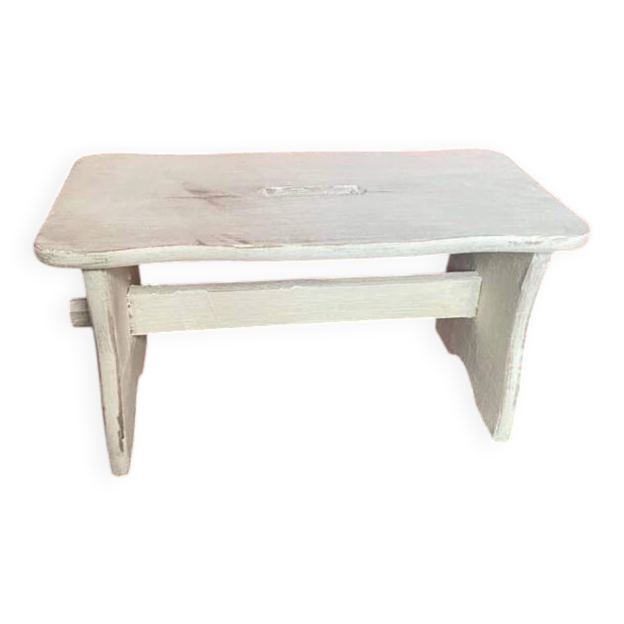 Small footrest bench, rustic, in patinated wood.