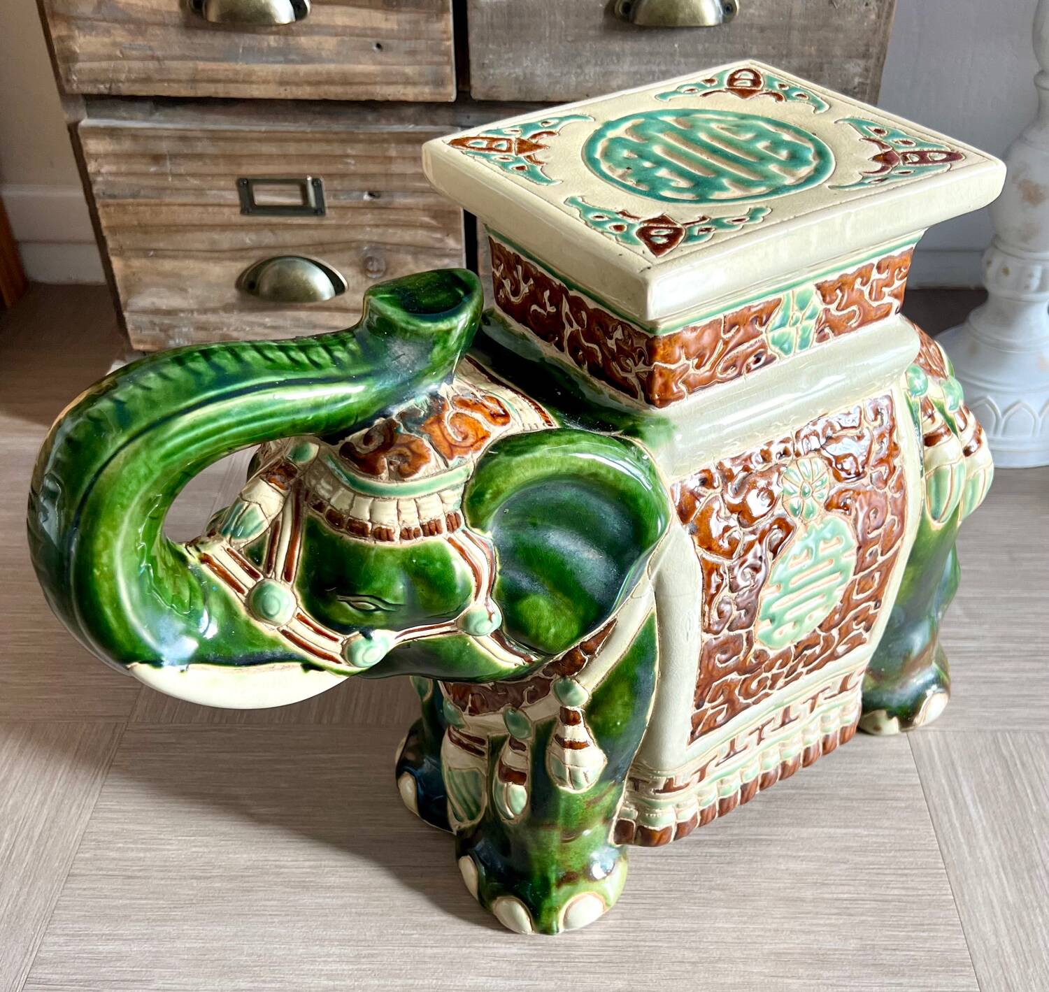 Enameled Ceramic Elephant, Plant Holder, Stool