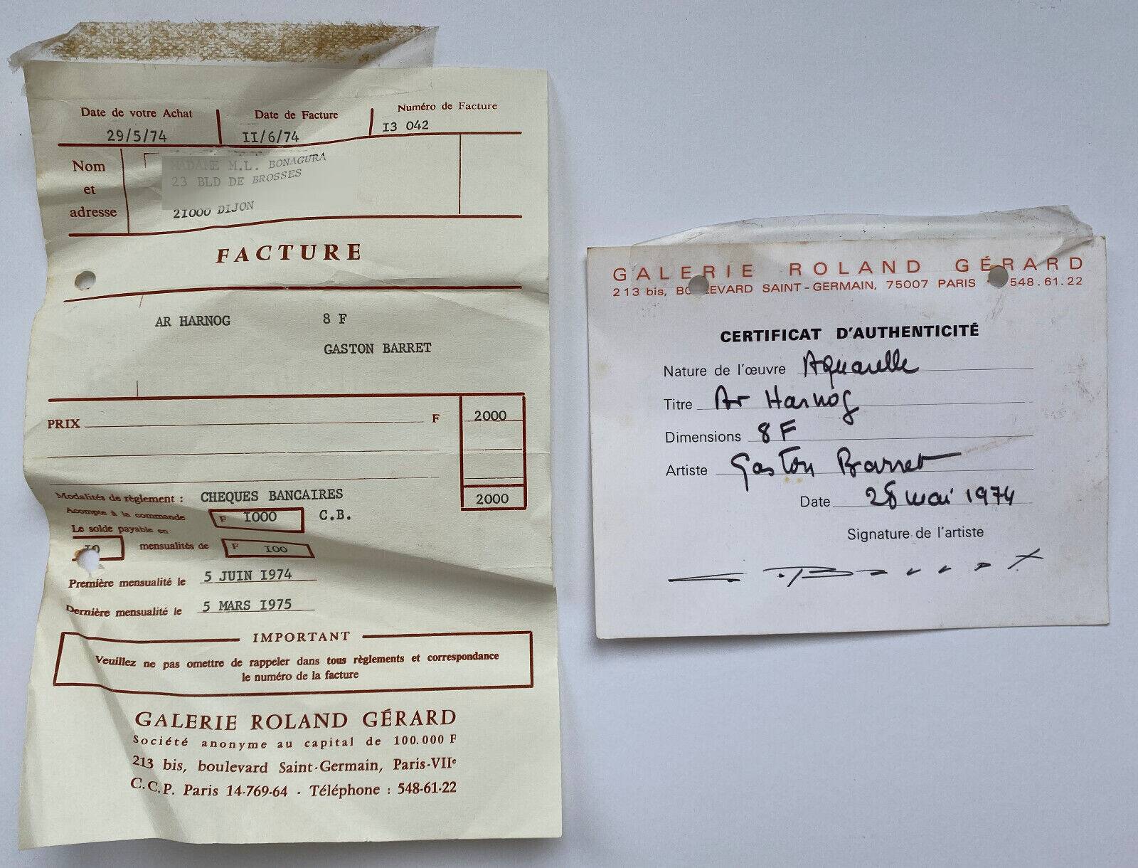 Watercolor Painting Gaston Barret (1910-1991) Marine Ar Harnog