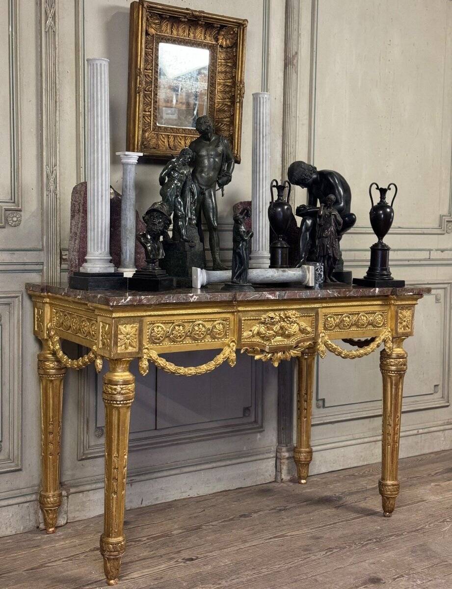 Louis XVI Console in Gilded Wood, Grey Ardennes Marble, 18th Century