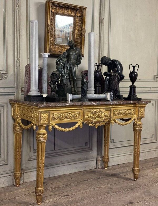 Console Louis XVI En Bois Doré, Marbre Gris Des Ardennes, XVIIIème Siècle