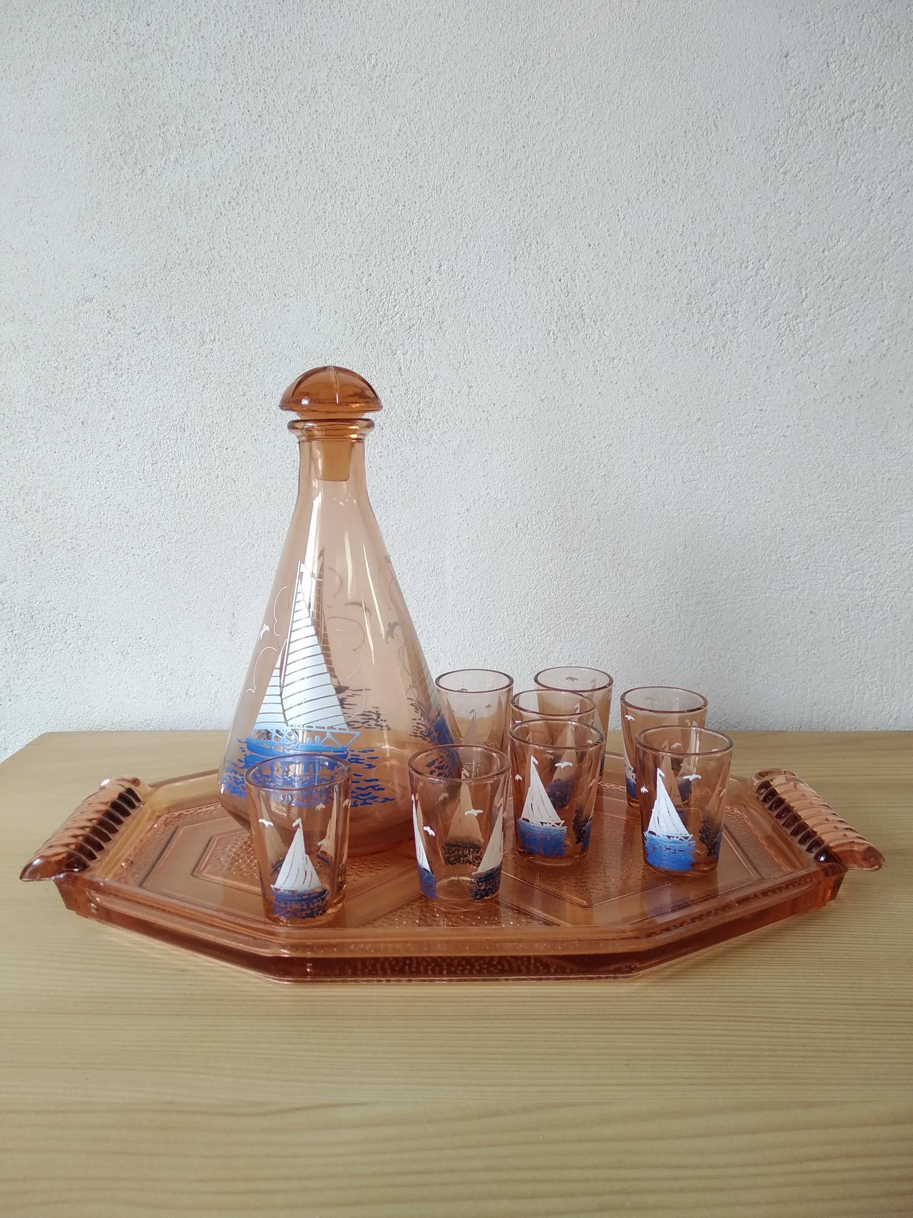 Art Deco liqueur service with boat motif