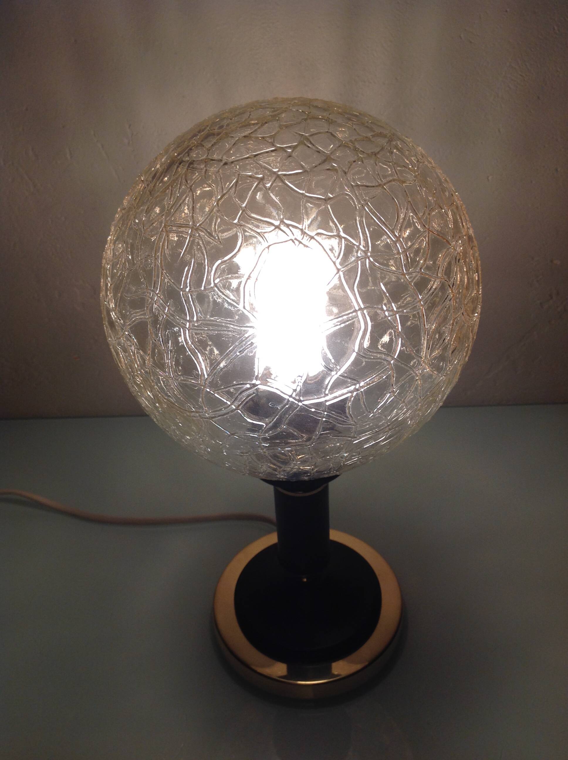 Structured amber glass globe lamp on black and brass base by Solken Leuchten/ 60s-70s