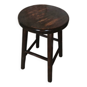 Tabouret de Traite Bois Foncé Tourné Vintage #A631