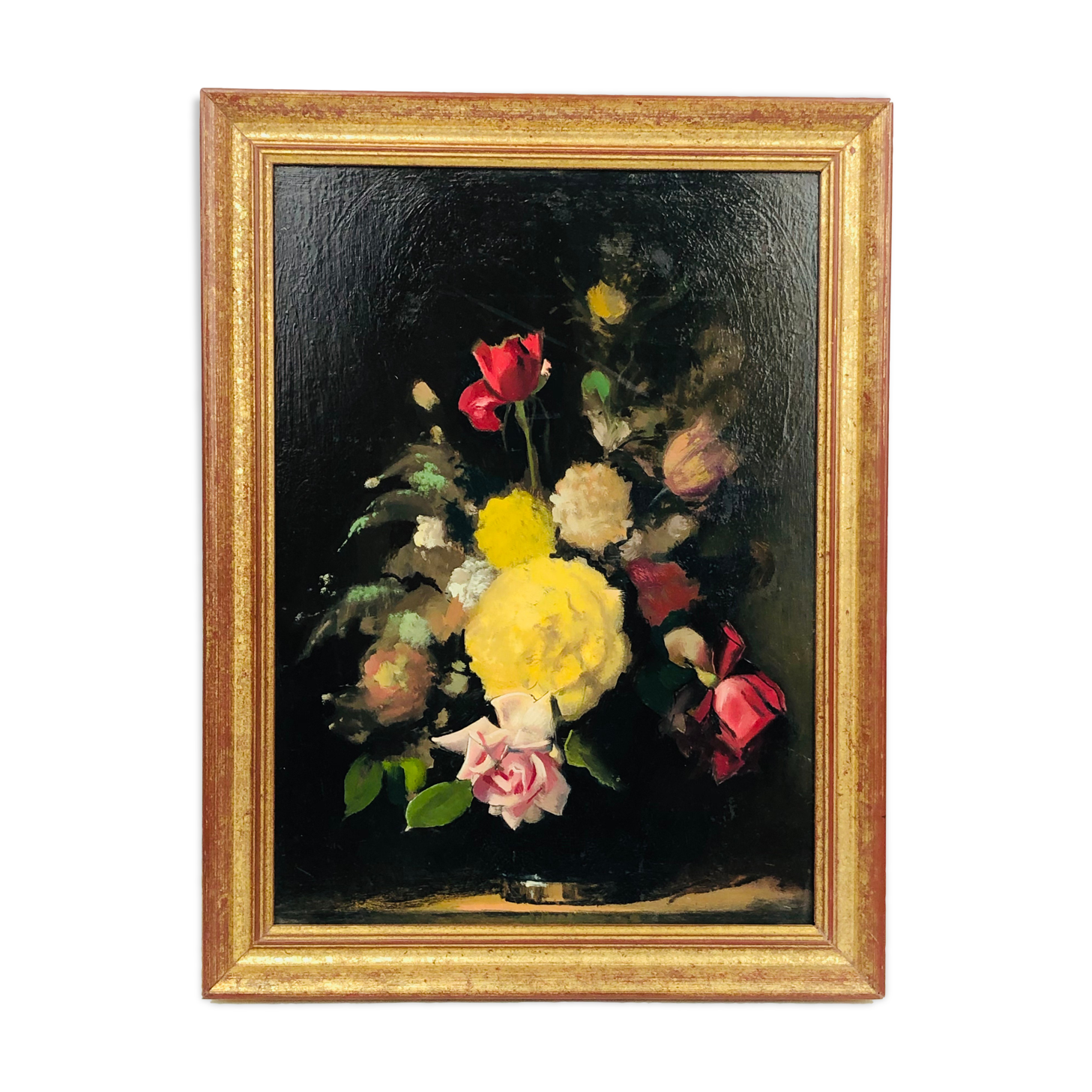 Oil on framed panel, "Bouquet of roses," 20th