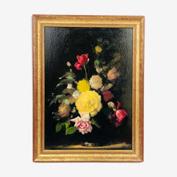 Huile sur panneau encadrée, « Bouquet de roses », XXème