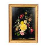 Huile sur panneau encadrée, « Bouquet de roses », XXème
