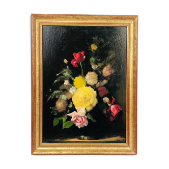 Oil on framed panel, "Bouquet of roses," 20th