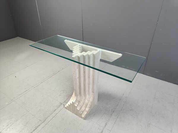 Console vintage en travertin façon Carlo Scarpa, années 1970