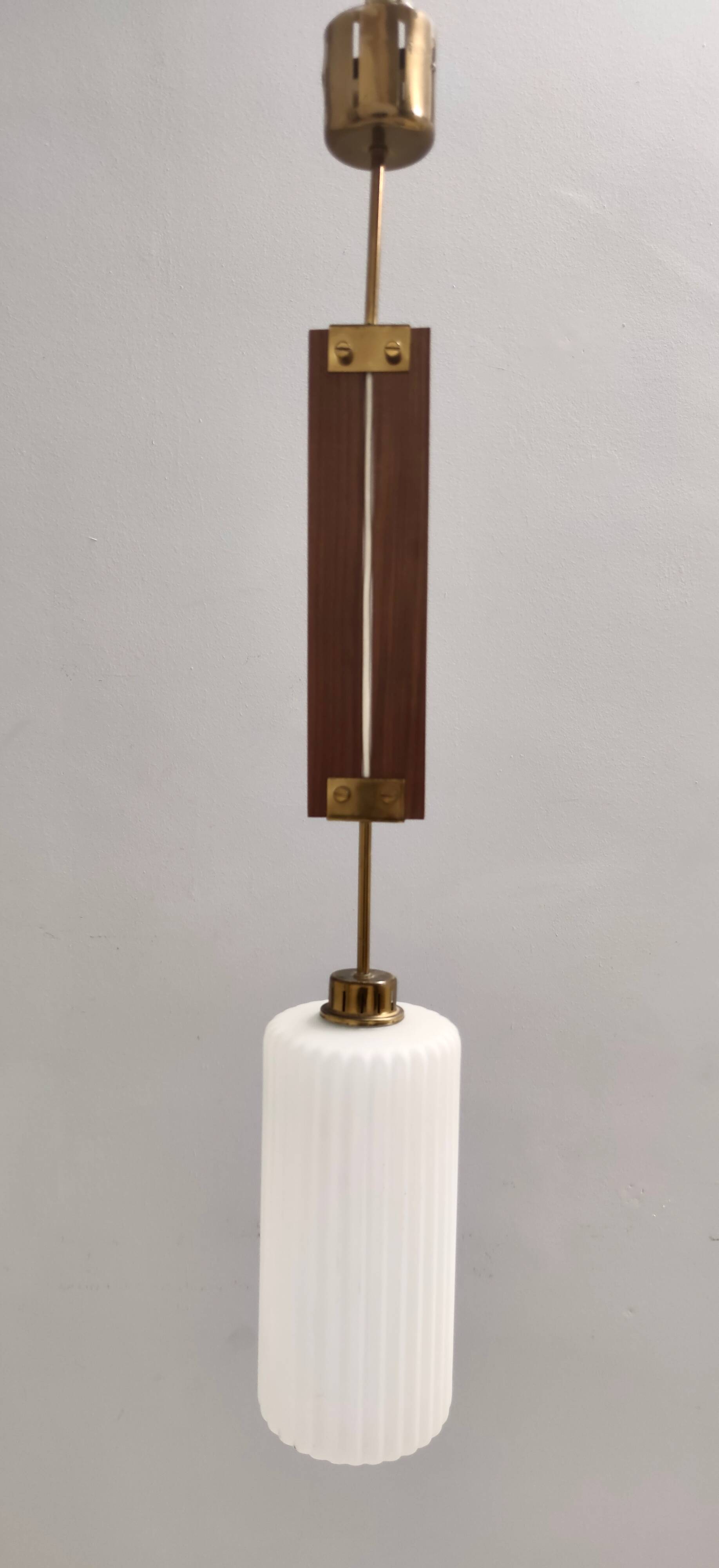 Vintage Glazed Opaline Glass, Teak and Brass Pendant, Italy