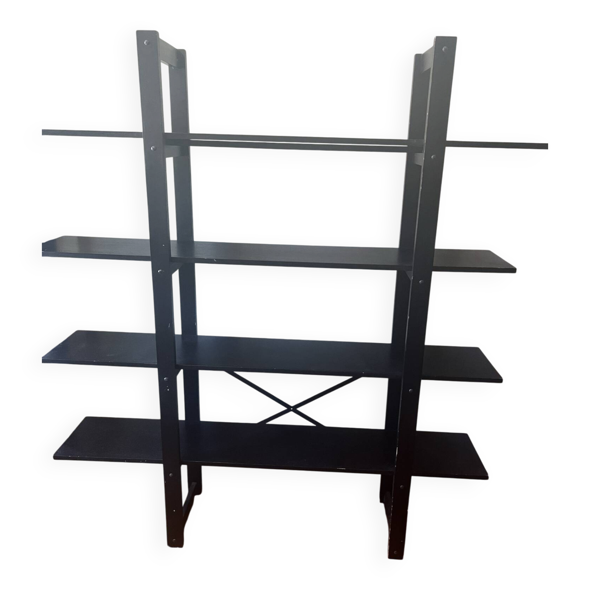 Large vintage bookshelf in solid black wood, Scandinavian style.