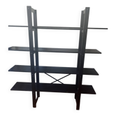 Large vintage bookshelf in solid black wood, Scandinavian style.