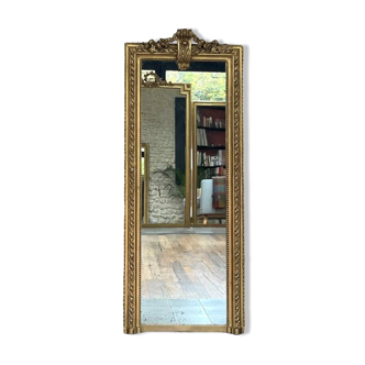 Antique mirror 163cm/66cm between two gilded with gold leaf from the late 19th century, quilted glass, parquet on the back.