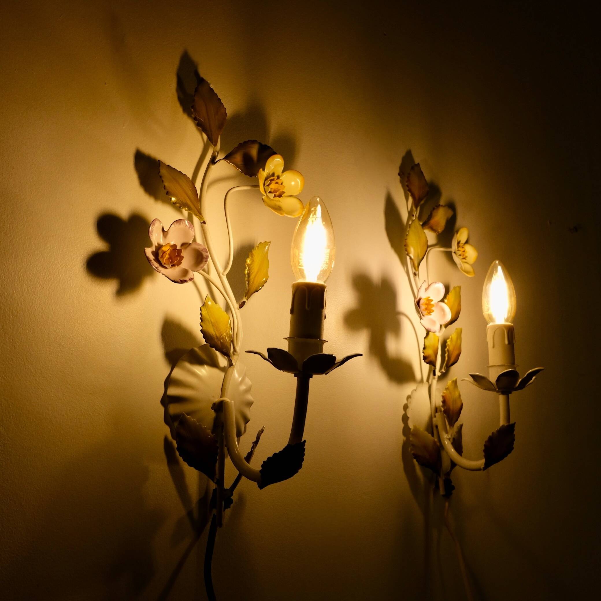 Pair of metal flower sconces, Italy, 1980s