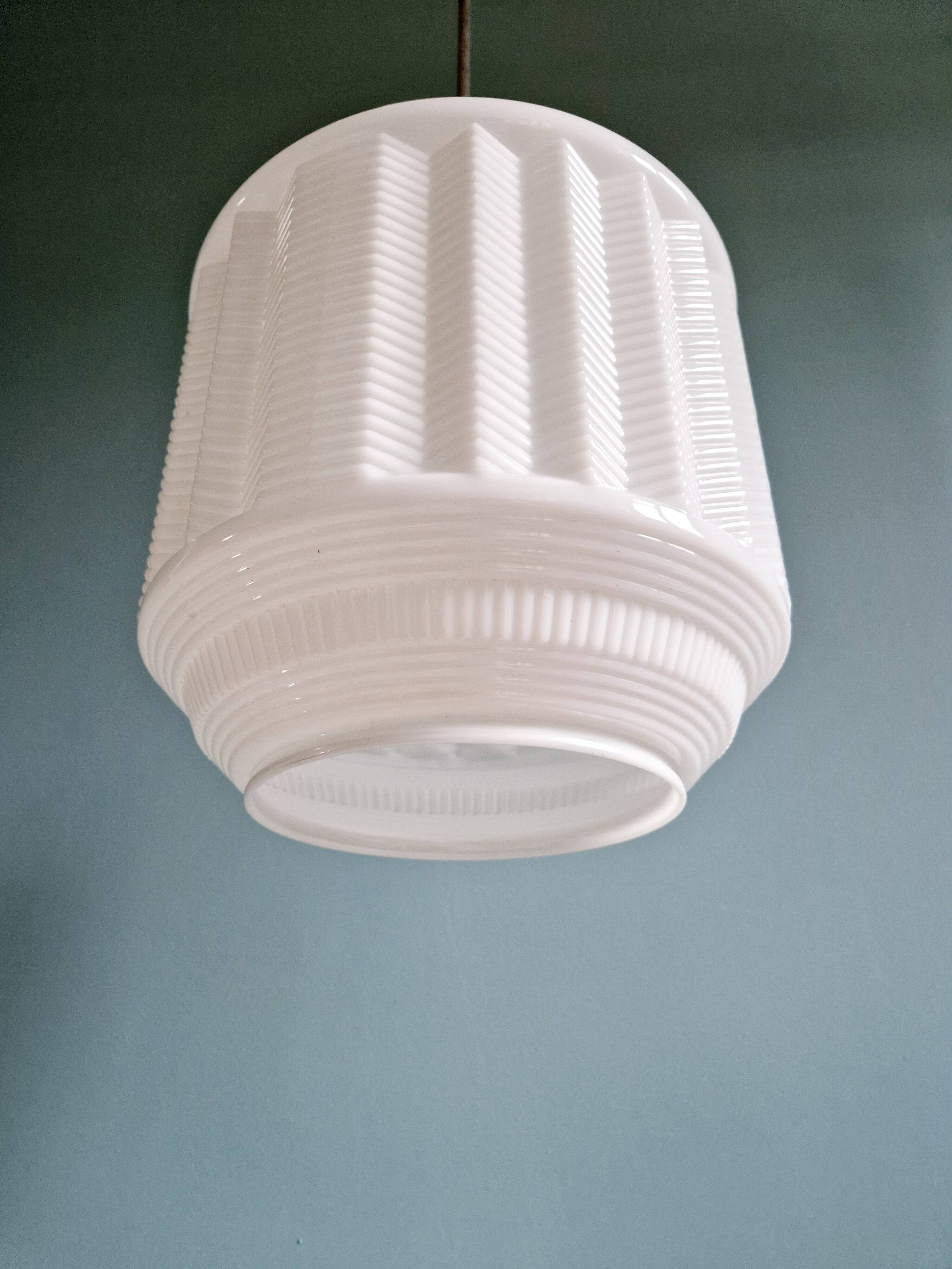 Large Art Deco pendant light in white opaline, 1920s-30s