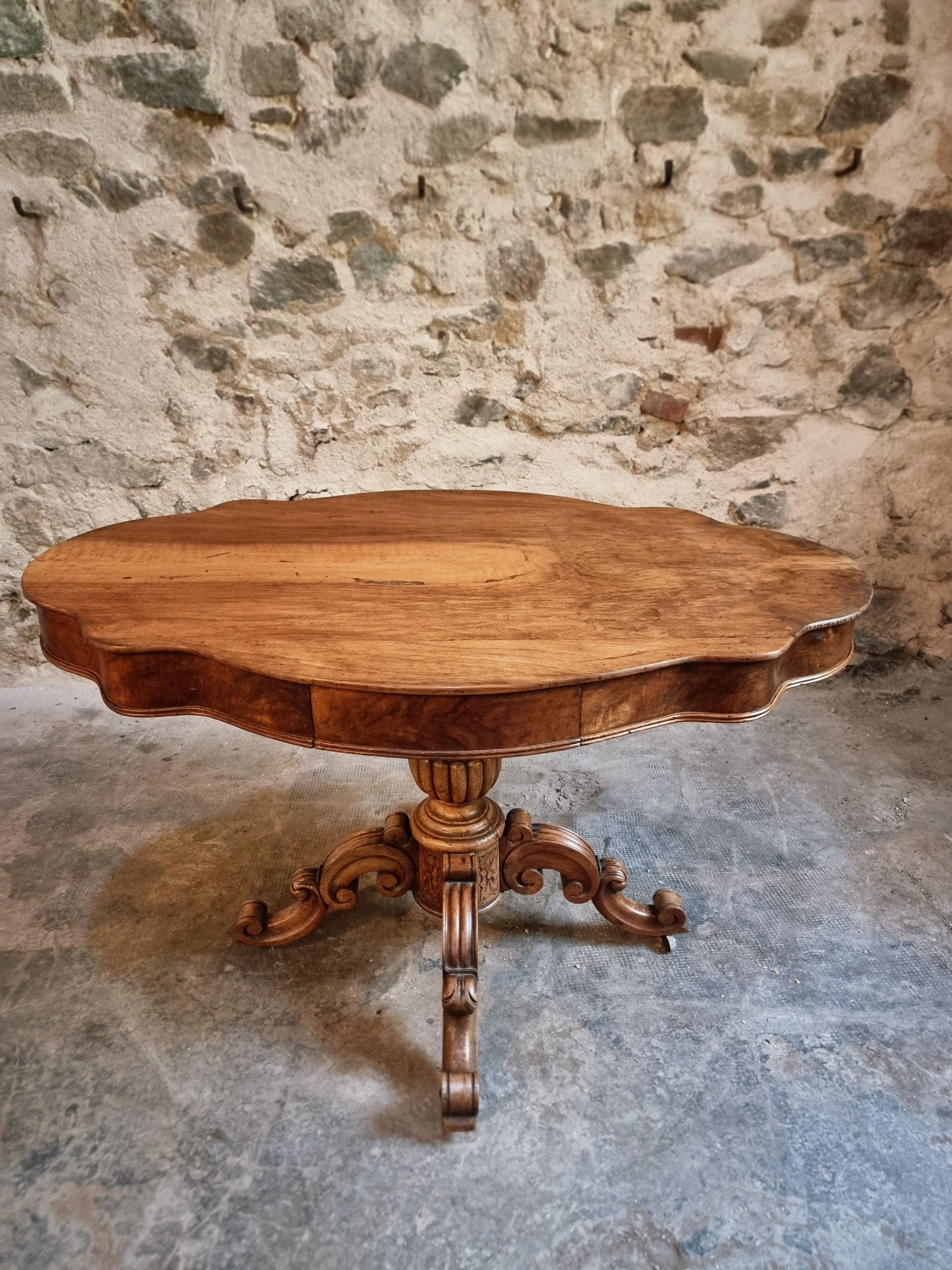 French antique walnut violin table, centre table with drawer, circa 1880–1900.