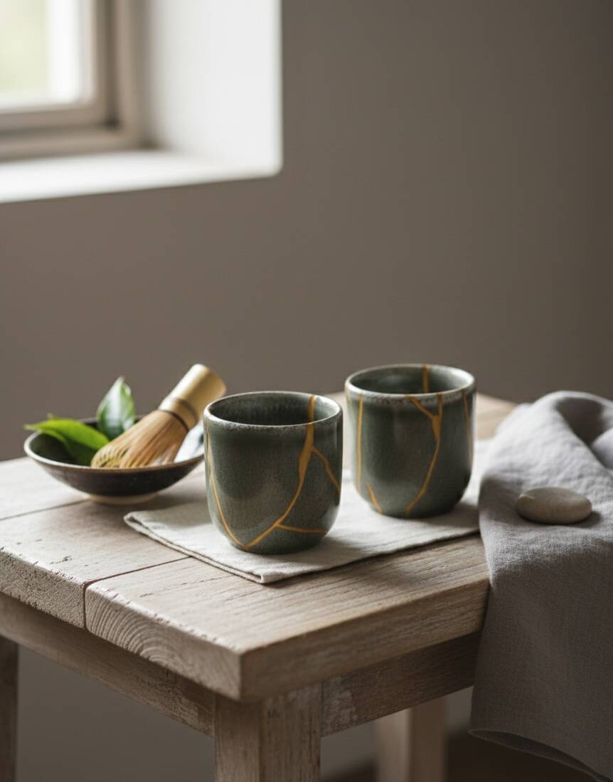 A pair of artisanal cups in traditional kintsugi.