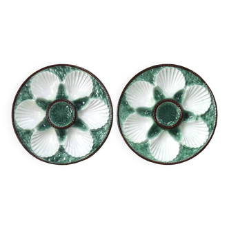 Set Of 2 French Vintage Majolica Oyster Plates Six Shell Wells & Lemon Well 4653