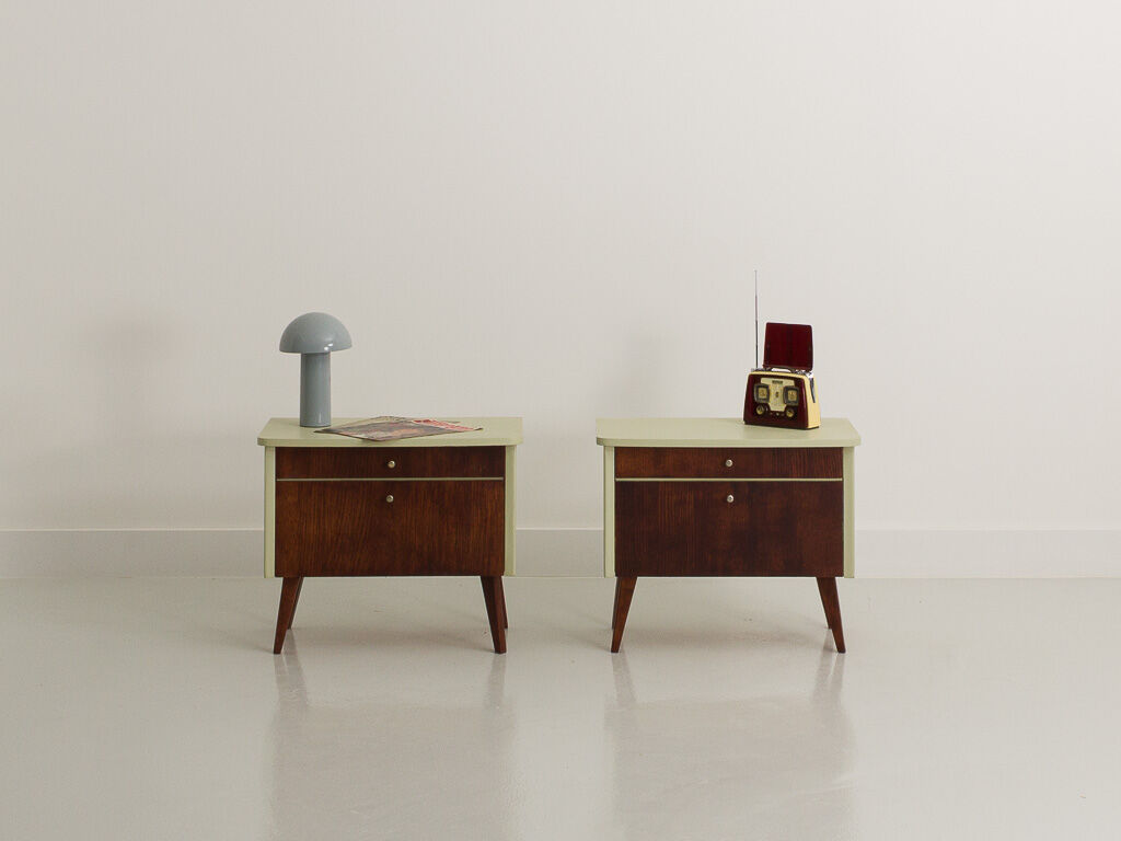 Pair of vintage bedside tables completely restyled in pale green on solid beech compass legs