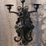 Pair of black wrought iron sconces - neo-Gothic style - from the 1950s