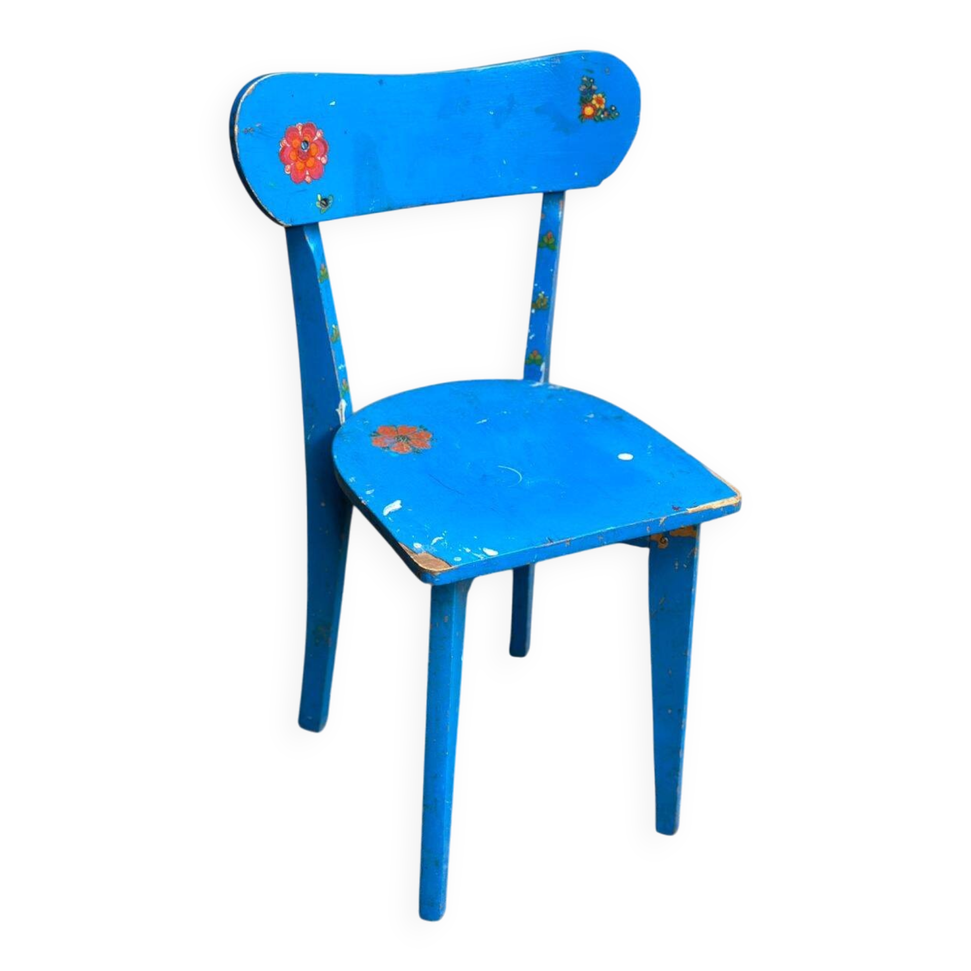 Child's chair in vintage or rustic wood style from the 1960s.