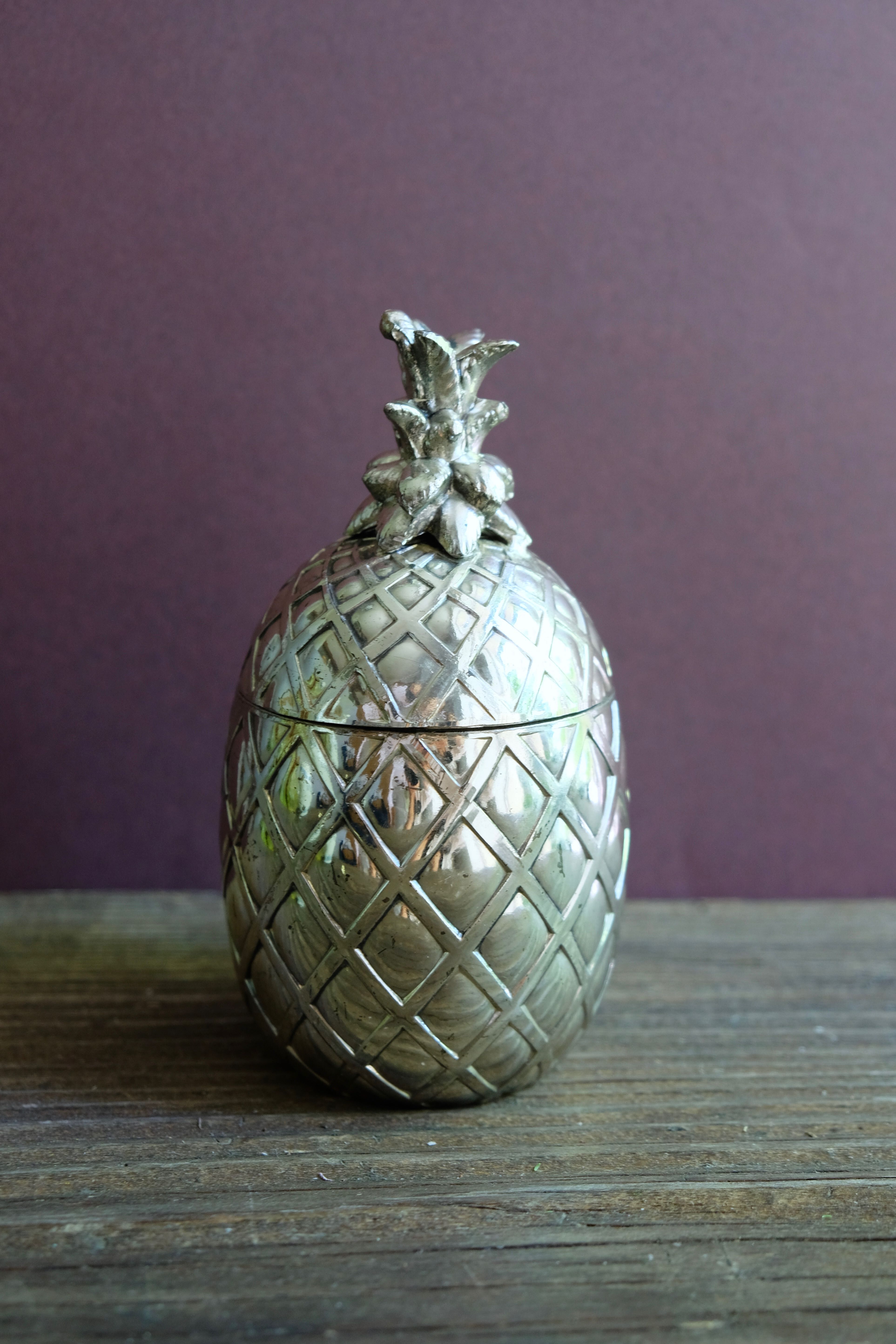 Boite ou sucrier ananas en métal chromé vintage en trois pièces