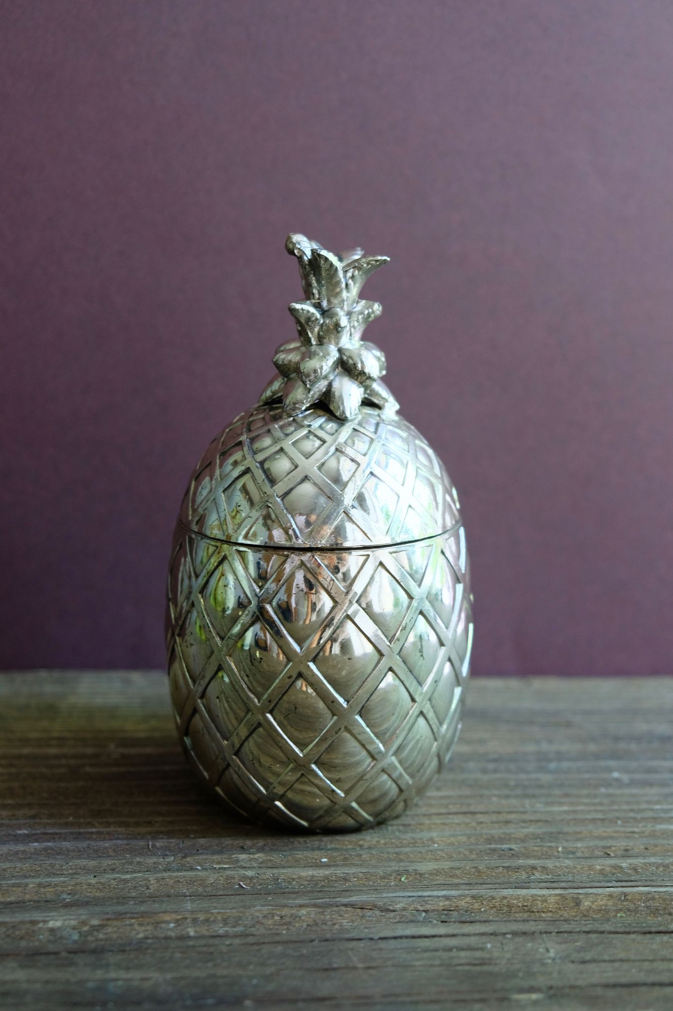 Boite ou sucrier ananas en métal chromé vintage en trois pièces