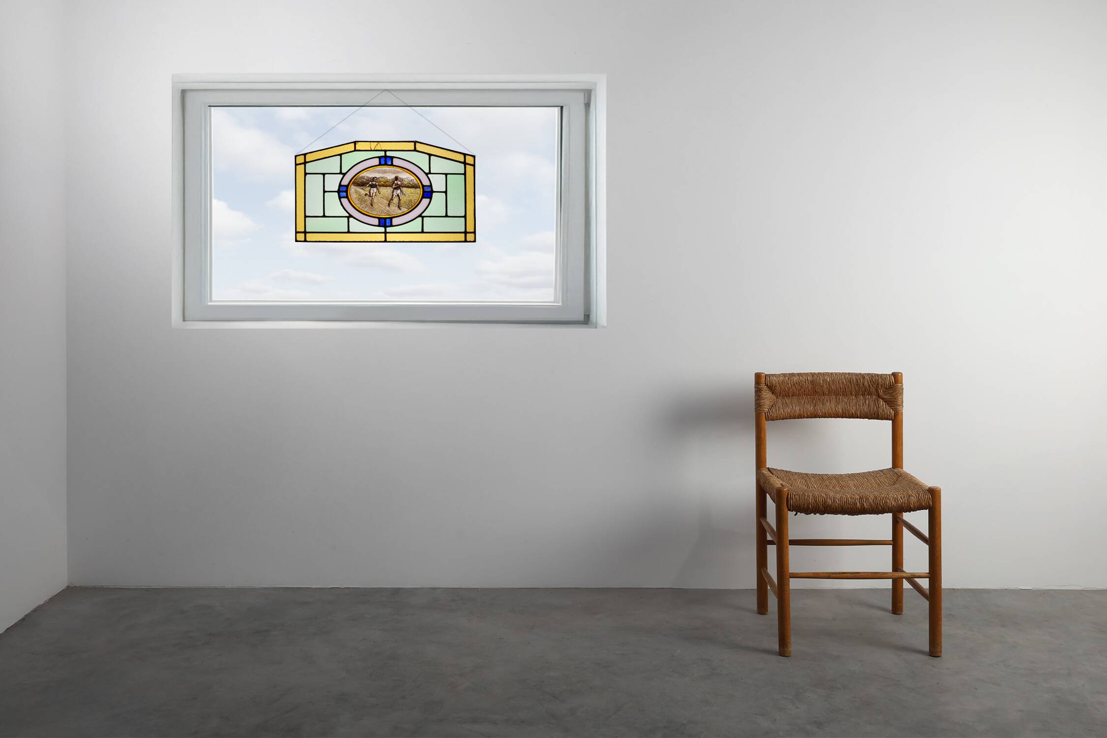 Art Deco Stained Glass Panel Depicting Runners in Motion, Belgium ca. 1910