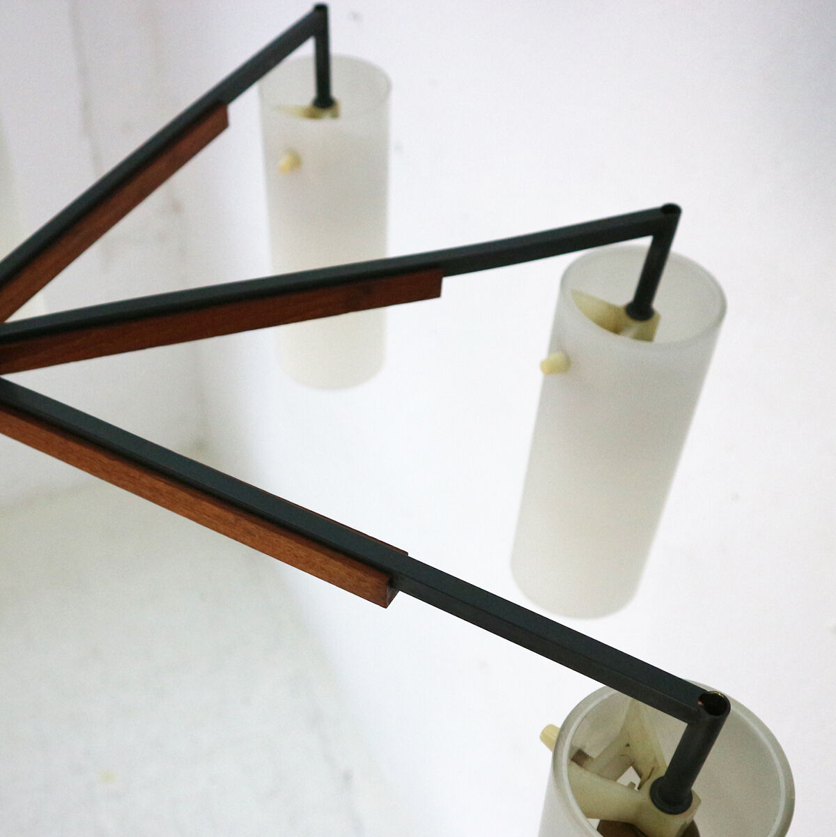 Eight-light mid-century modern teak and glass chandelier