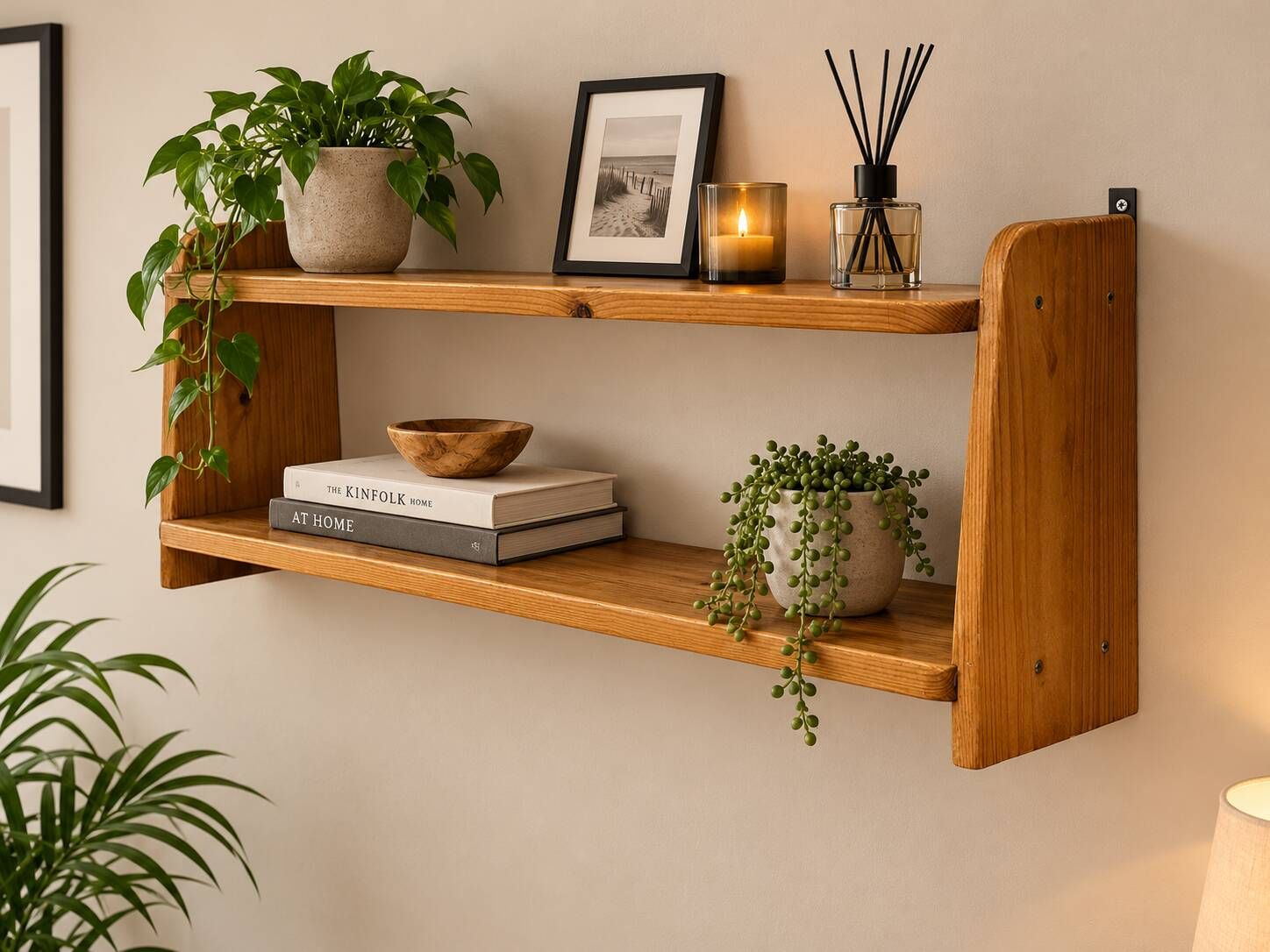Vintage wooden wall shelve rack in pinewood minimalist design