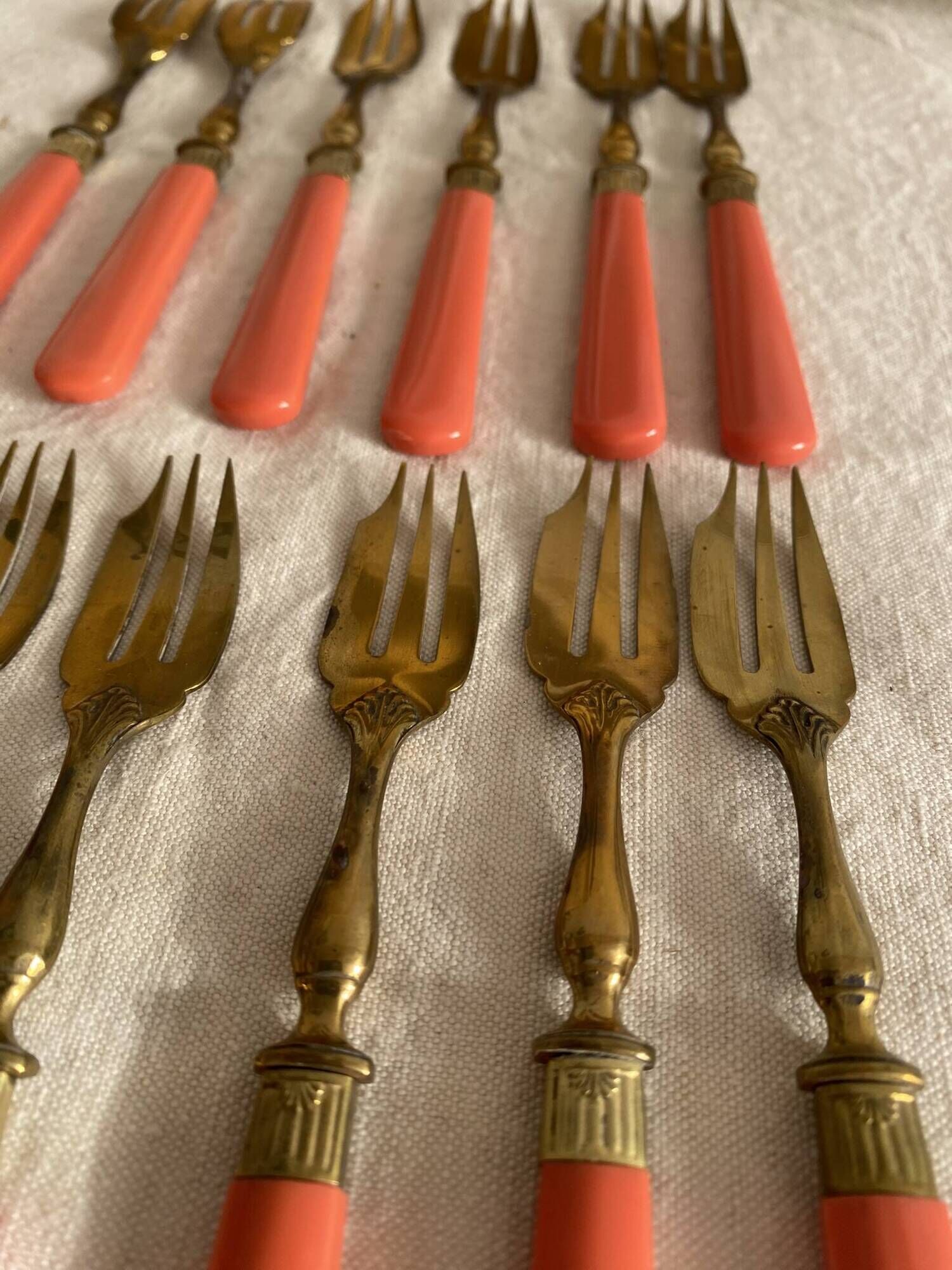 Set of 12 coral and gold dessert forks