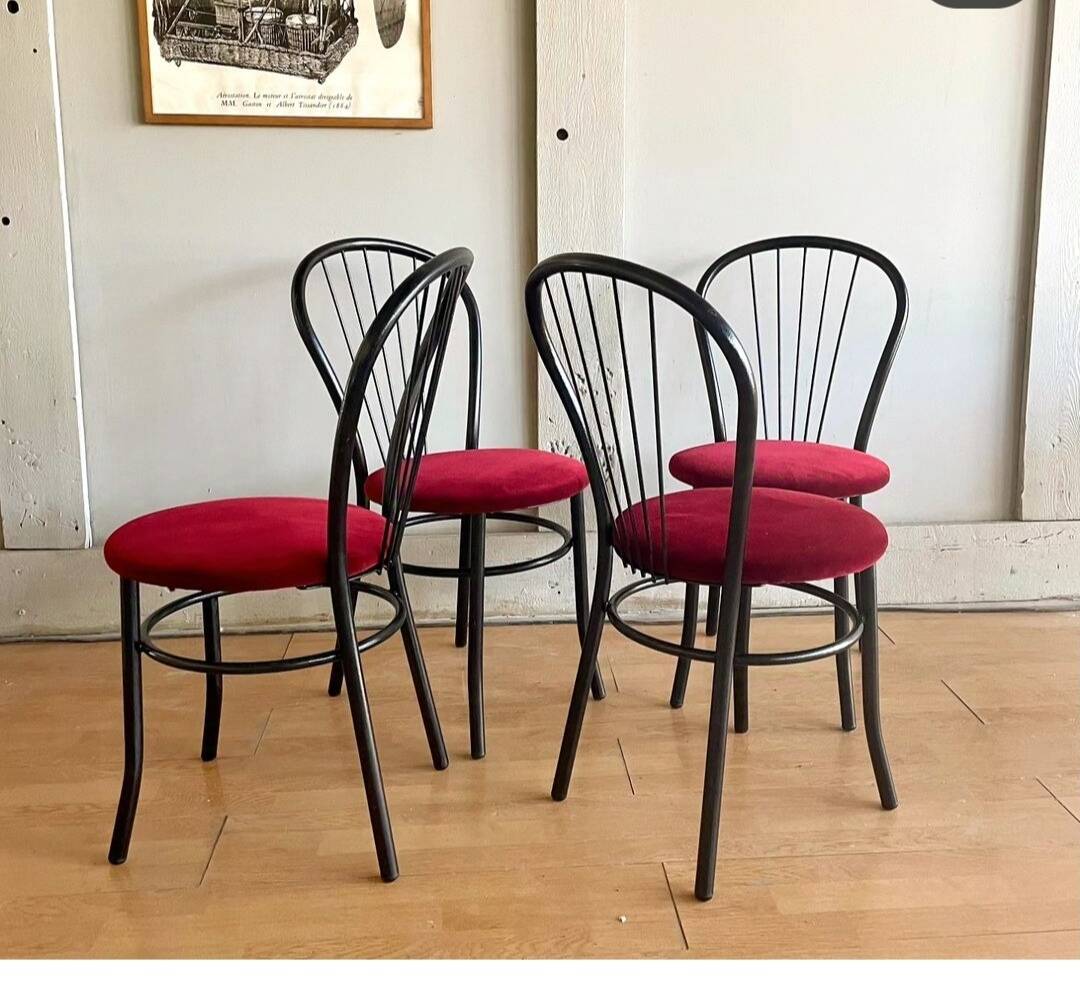 4 black metal bistro chairs with garnet red velvet