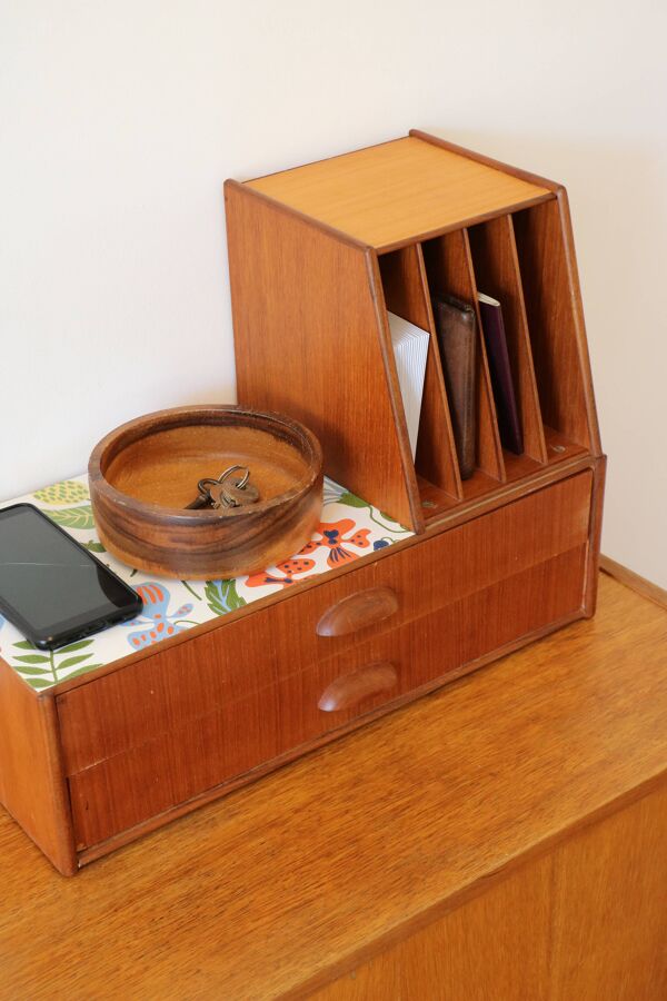 Console, étagère à poser ou murale scandinave en teck et papier motif Josef Frank