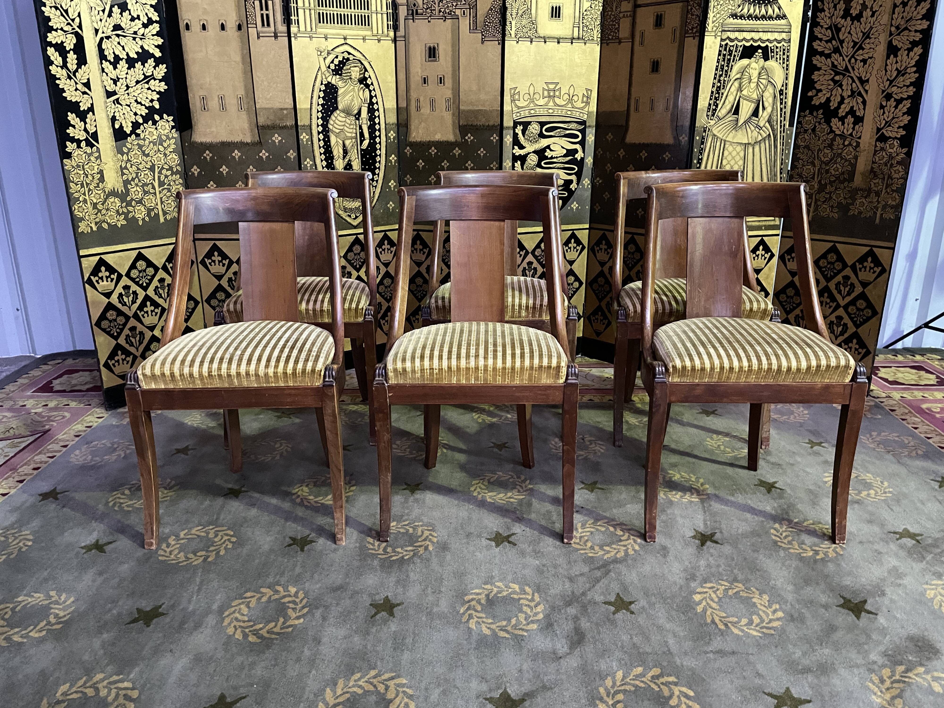 6 empire gondola chairs in mahogany and velvet