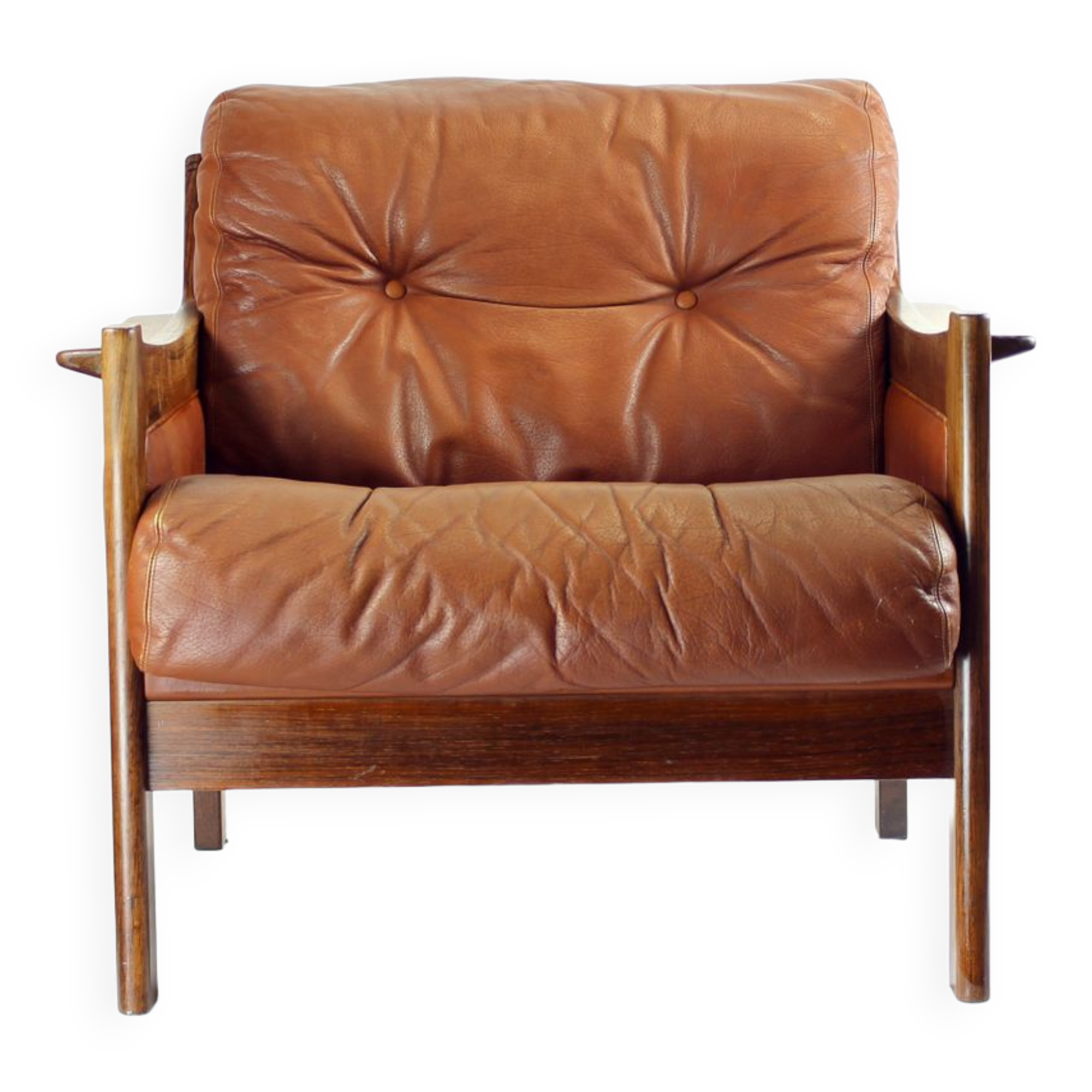 Fauteuil mid century en cuir de cognac et bois de rose massif, 1970s
